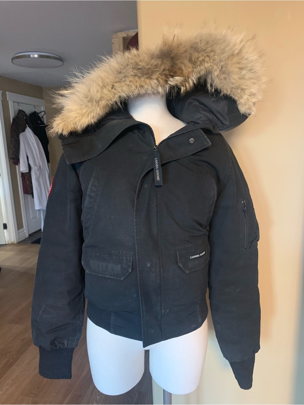 Canada Goose Black Bomber Jacket with Natural Fur Trim Hood